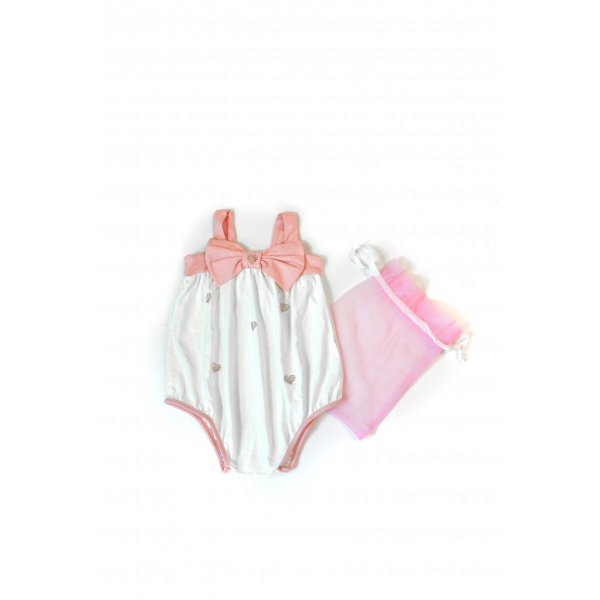 Milky swimsuit with pink bow and rhinestones