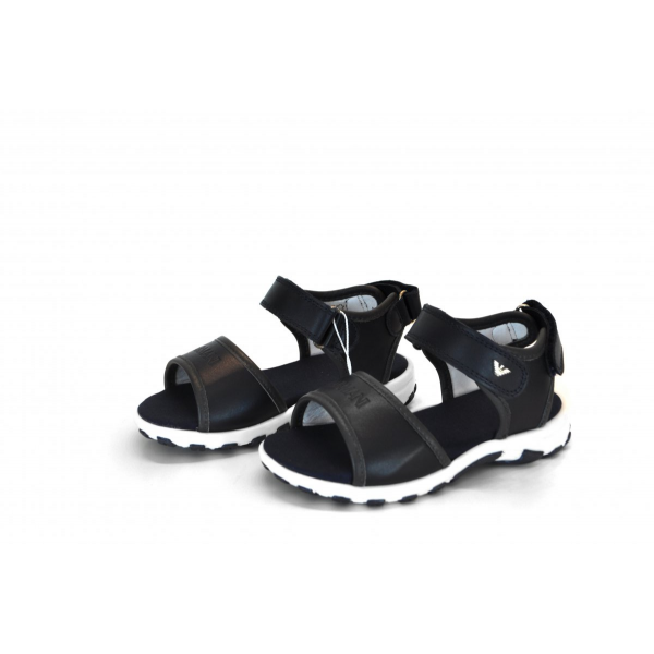 Navy blue Velcro sandals with white sole