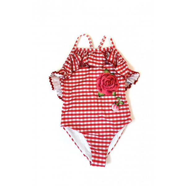Checkered swimsuit with floral embroidery