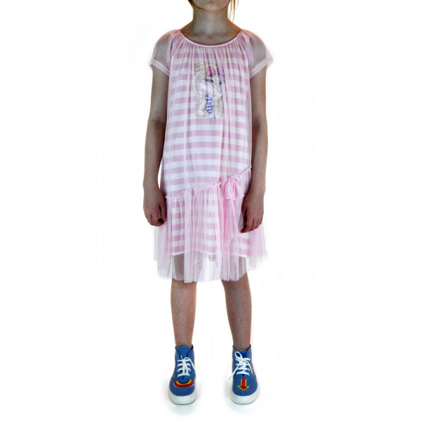 Pink stripe dress with bunny print and mesh