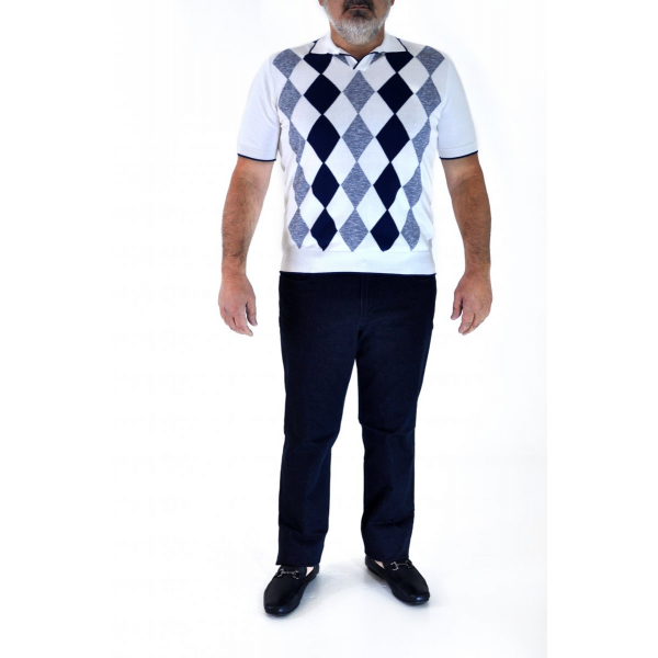 White polo shirt with geometric pattern