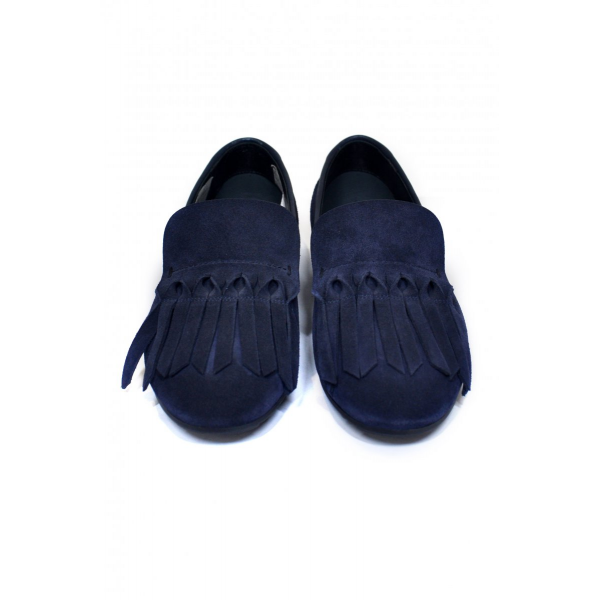Blue fringed suede slippers