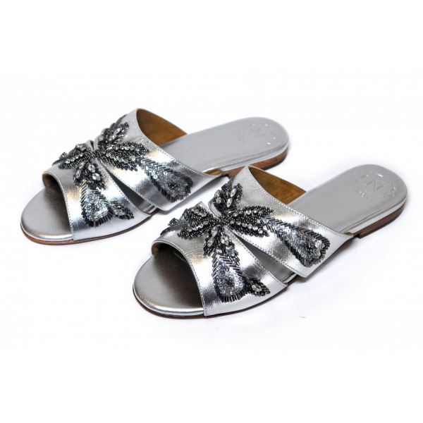 Silver slippers with beads and crystals