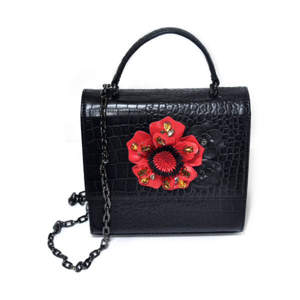 Naika black handbag with red flower and crystals