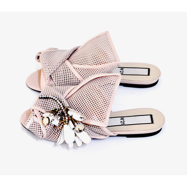 Beige Knot Embellished Mules