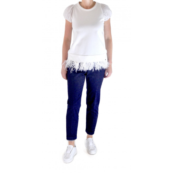 White T-shirt with ostrich feather trim