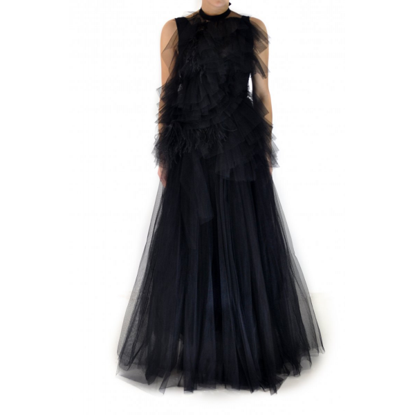 Evening tulle dress with ostrich feather decor