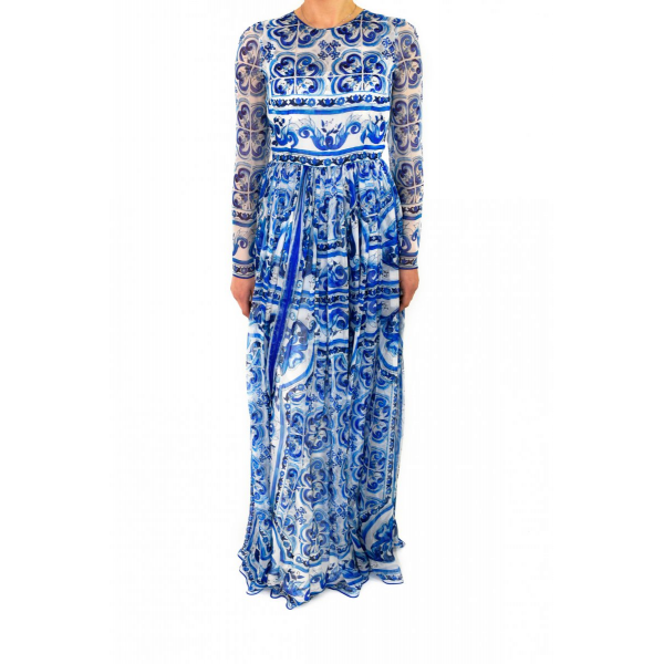 Шелковое платье в стиле сицилийской майолики бело-голубого цвета