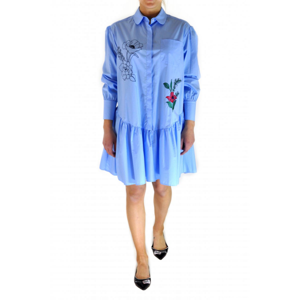 Shirt dress with flounce and embroidery