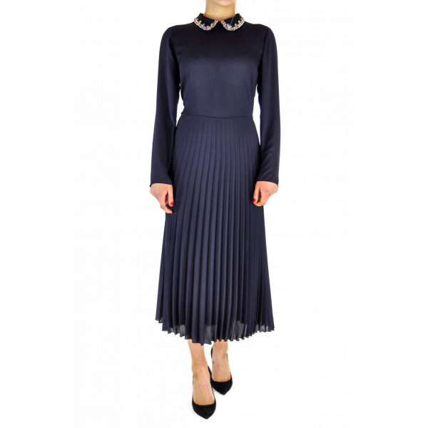 Dress with pleated skirt and decorated collar